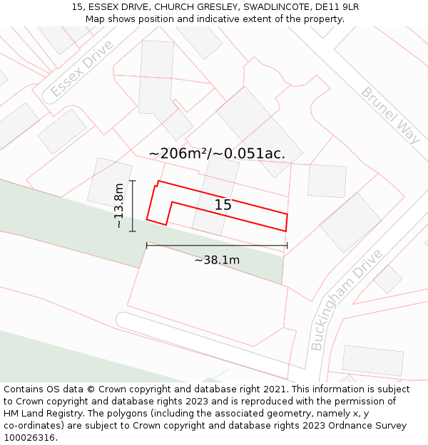 15, ESSEX DRIVE, CHURCH GRESLEY, SWADLINCOTE, DE11 9LR: Plot and title map