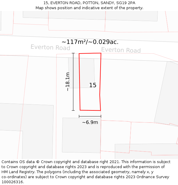 15, EVERTON ROAD, POTTON, SANDY, SG19 2PA: Plot and title map