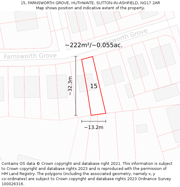 15, FARNSWORTH GROVE, HUTHWAITE, SUTTON-IN-ASHFIELD, NG17 2AR: Plot and title map