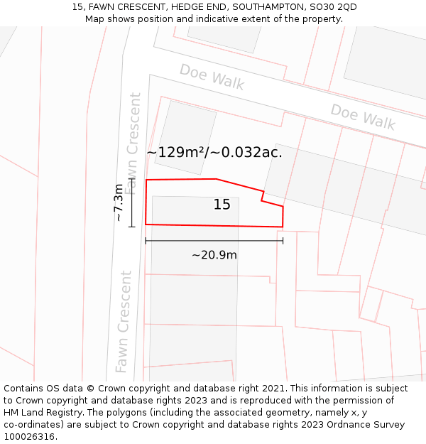 15, FAWN CRESCENT, HEDGE END, SOUTHAMPTON, SO30 2QD: Plot and title map