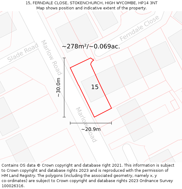 15, FERNDALE CLOSE, STOKENCHURCH, HIGH WYCOMBE, HP14 3NT: Plot and title map