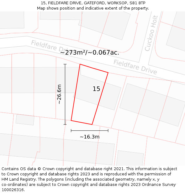 15, FIELDFARE DRIVE, GATEFORD, WORKSOP, S81 8TP: Plot and title map