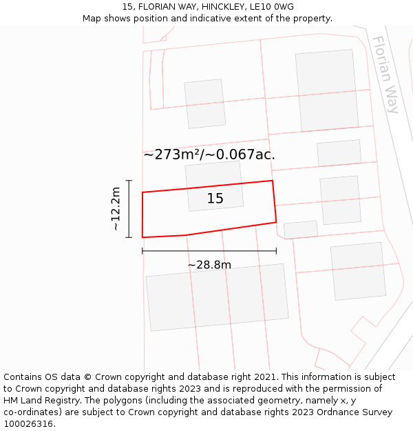 15, FLORIAN WAY, HINCKLEY, LE10 0WG: Plot and title map