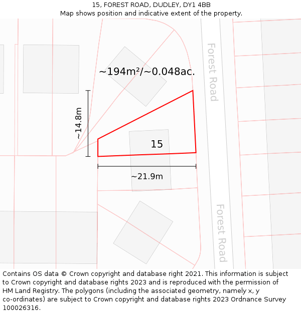 15, FOREST ROAD, DUDLEY, DY1 4BB: Plot and title map