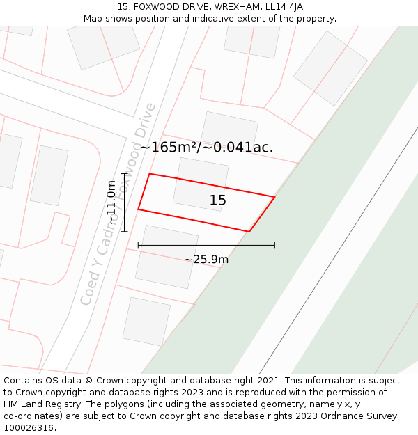 15, FOXWOOD DRIVE, WREXHAM, LL14 4JA: Plot and title map