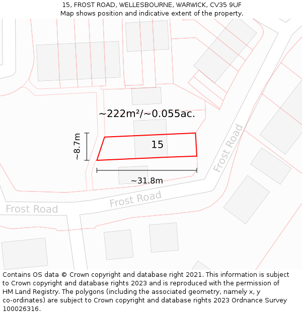 15, FROST ROAD, WELLESBOURNE, WARWICK, CV35 9UF: Plot and title map