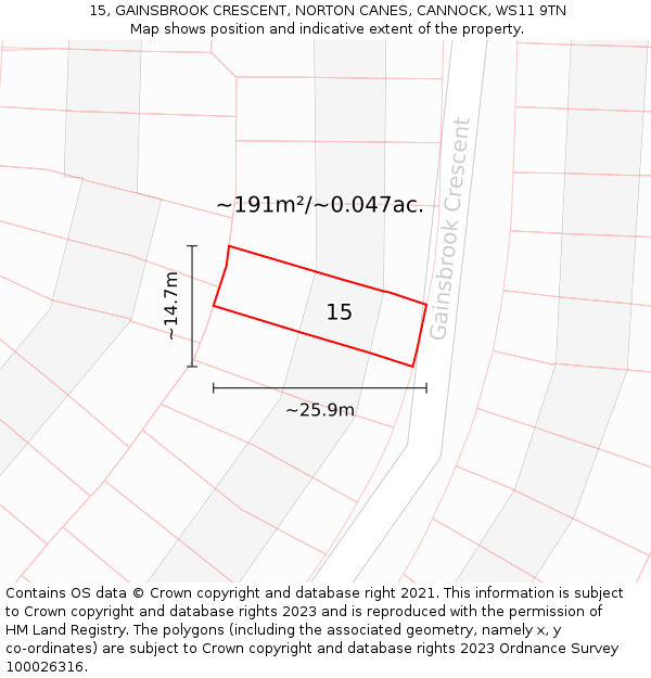 15, GAINSBROOK CRESCENT, NORTON CANES, CANNOCK, WS11 9TN: Plot and title map