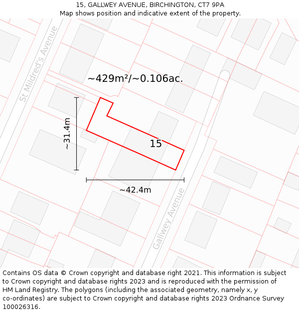 15, GALLWEY AVENUE, BIRCHINGTON, CT7 9PA: Plot and title map