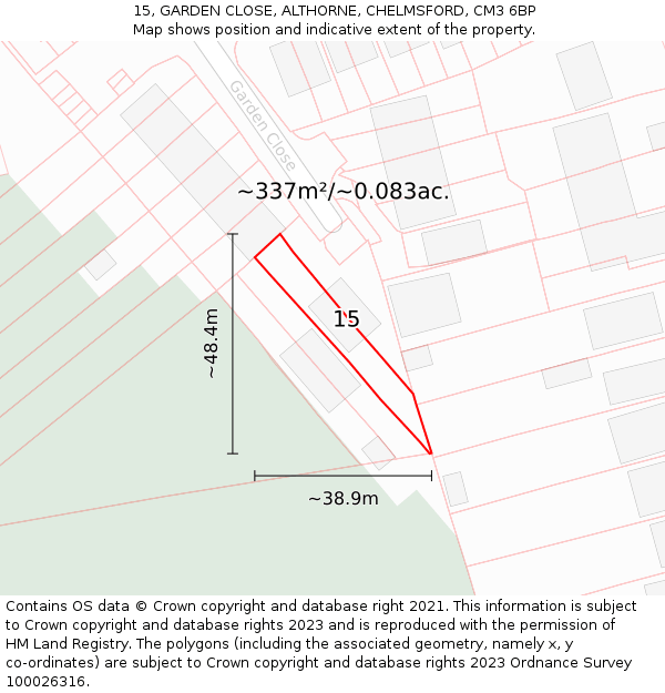 15, GARDEN CLOSE, ALTHORNE, CHELMSFORD, CM3 6BP: Plot and title map