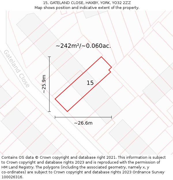 15, GATELAND CLOSE, HAXBY, YORK, YO32 2ZZ: Plot and title map