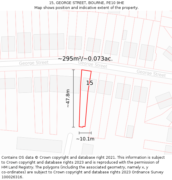 15, GEORGE STREET, BOURNE, PE10 9HE: Plot and title map