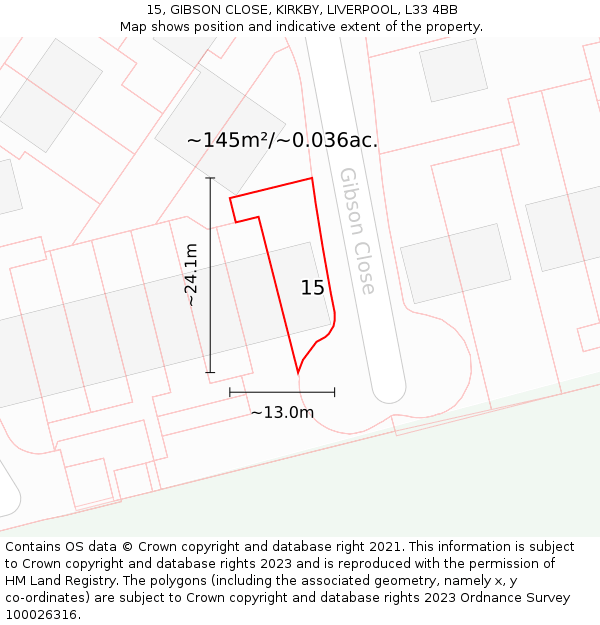 15, GIBSON CLOSE, KIRKBY, LIVERPOOL, L33 4BB: Plot and title map