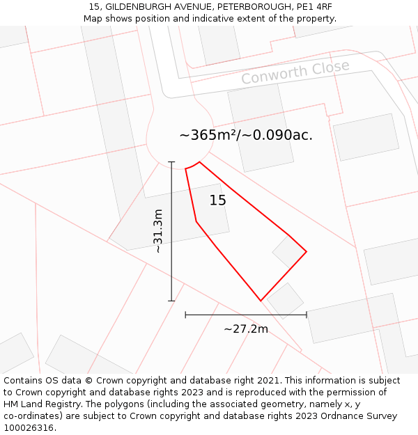 15, GILDENBURGH AVENUE, PETERBOROUGH, PE1 4RF: Plot and title map