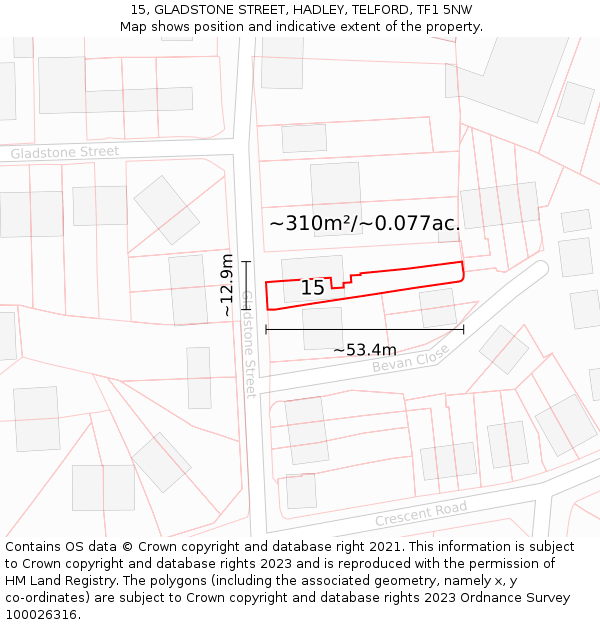 15, GLADSTONE STREET, HADLEY, TELFORD, TF1 5NW: Plot and title map