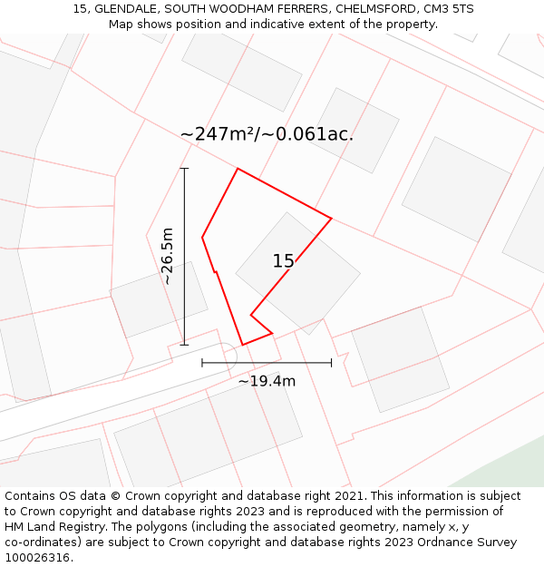 15, GLENDALE, SOUTH WOODHAM FERRERS, CHELMSFORD, CM3 5TS: Plot and title map