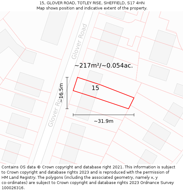 15, GLOVER ROAD, TOTLEY RISE, SHEFFIELD, S17 4HN: Plot and title map