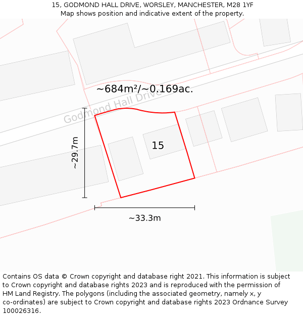 15, GODMOND HALL DRIVE, WORSLEY, MANCHESTER, M28 1YF: Plot and title map