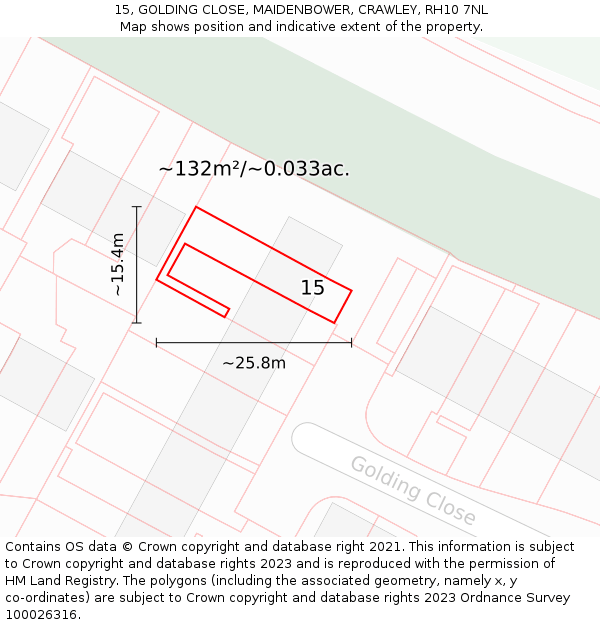 15, GOLDING CLOSE, MAIDENBOWER, CRAWLEY, RH10 7NL: Plot and title map