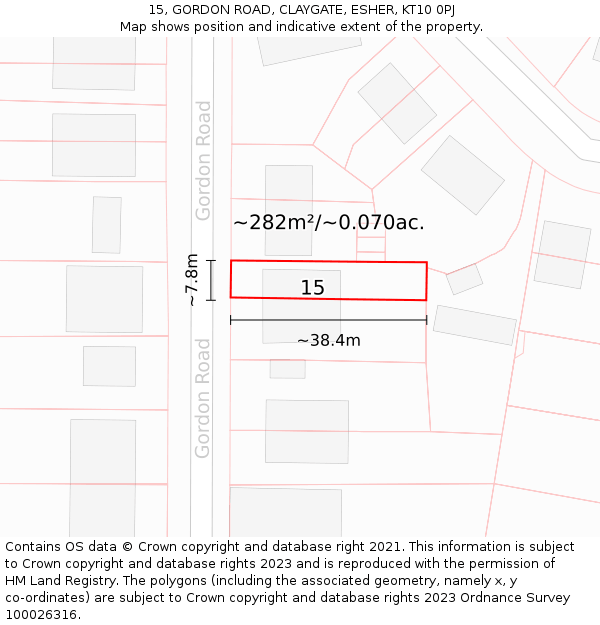 15, GORDON ROAD, CLAYGATE, ESHER, KT10 0PJ: Plot and title map