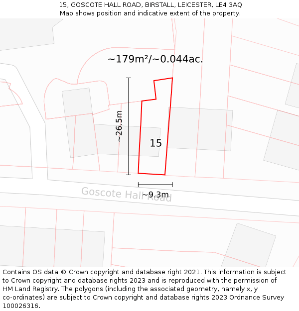 15, GOSCOTE HALL ROAD, BIRSTALL, LEICESTER, LE4 3AQ: Plot and title map