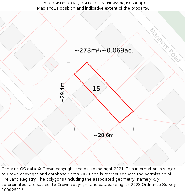 15, GRANBY DRIVE, BALDERTON, NEWARK, NG24 3JD: Plot and title map