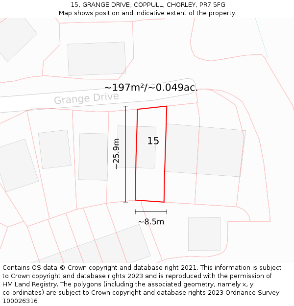 15, GRANGE DRIVE, COPPULL, CHORLEY, PR7 5FG: Plot and title map