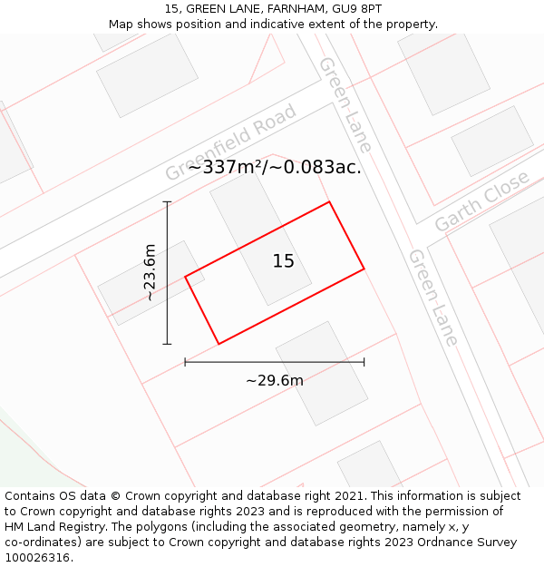 15, GREEN LANE, FARNHAM, GU9 8PT: Plot and title map