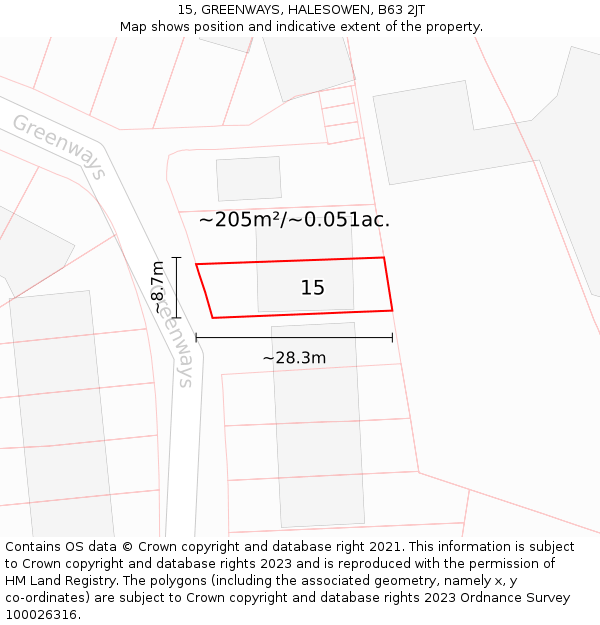 15, GREENWAYS, HALESOWEN, B63 2JT: Plot and title map