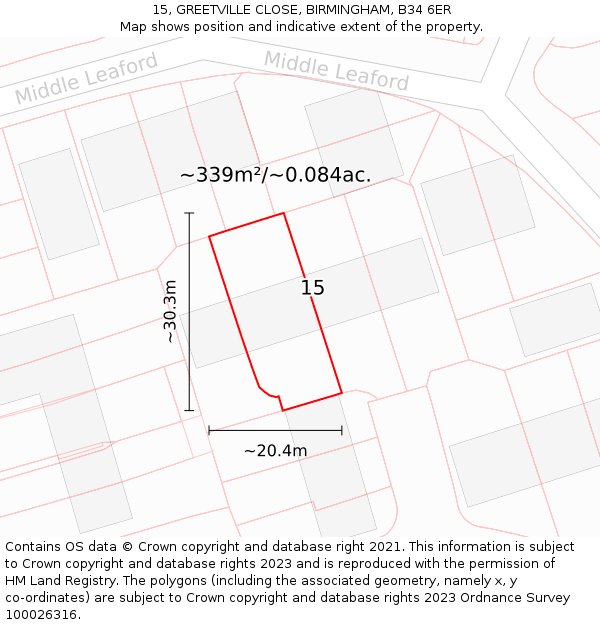 15, GREETVILLE CLOSE, BIRMINGHAM, B34 6ER: Plot and title map