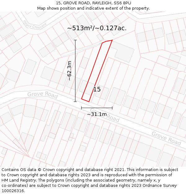 15, GROVE ROAD, RAYLEIGH, SS6 8PU: Plot and title map