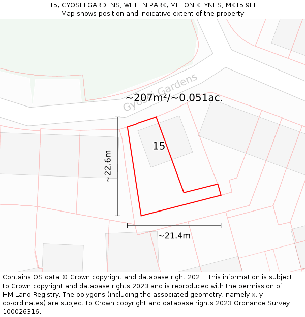 15, GYOSEI GARDENS, WILLEN PARK, MILTON KEYNES, MK15 9EL: Plot and title map