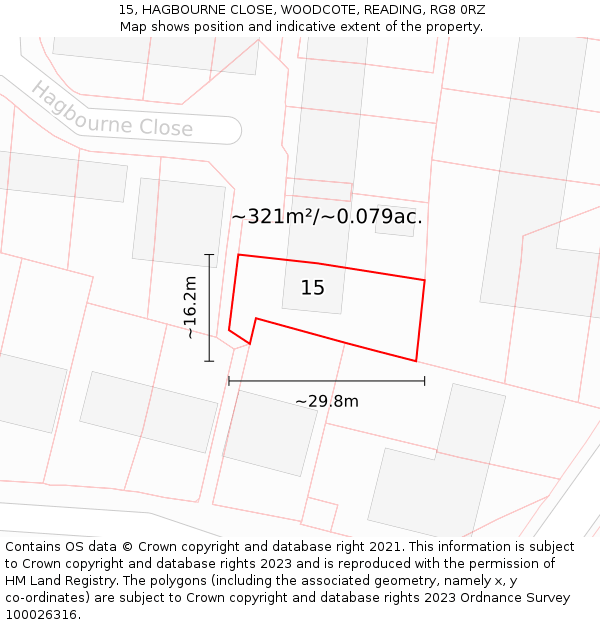 15, HAGBOURNE CLOSE, WOODCOTE, READING, RG8 0RZ: Plot and title map