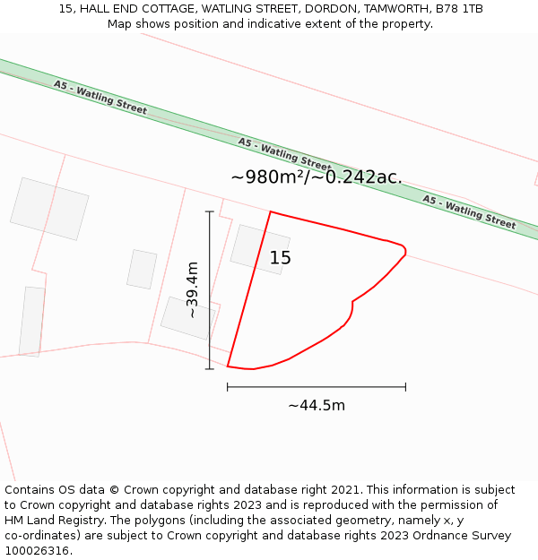 15, HALL END COTTAGE, WATLING STREET, DORDON, TAMWORTH, B78 1TB: Plot and title map