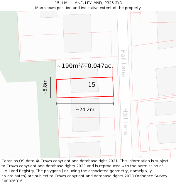 15, HALL LANE, LEYLAND, PR25 3YD: Plot and title map