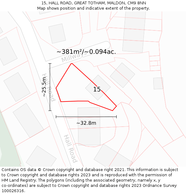 15, HALL ROAD, GREAT TOTHAM, MALDON, CM9 8NN: Plot and title map