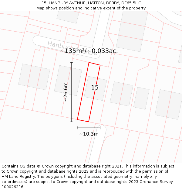 15, HANBURY AVENUE, HATTON, DERBY, DE65 5HG: Plot and title map