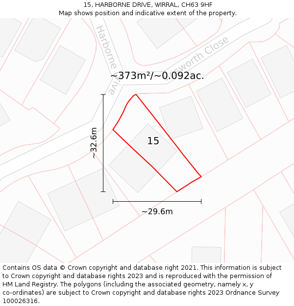 15, HARBORNE DRIVE, WIRRAL, CH63 9HF: Plot and title map