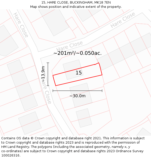 15, HARE CLOSE, BUCKINGHAM, MK18 7EN: Plot and title map