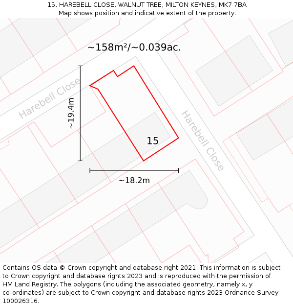15, HAREBELL CLOSE, WALNUT TREE, MILTON KEYNES, MK7 7BA: Plot and title map