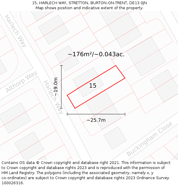 15, HARLECH WAY, STRETTON, BURTON-ON-TRENT, DE13 0JN: Plot and title map