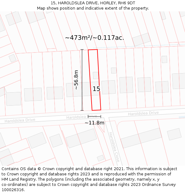 15, HAROLDSLEA DRIVE, HORLEY, RH6 9DT: Plot and title map