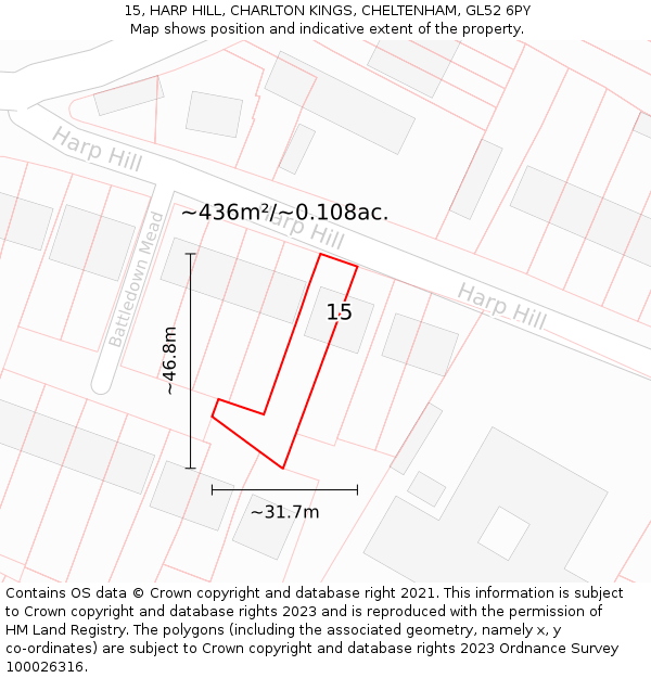 15, HARP HILL, CHARLTON KINGS, CHELTENHAM, GL52 6PY: Plot and title map