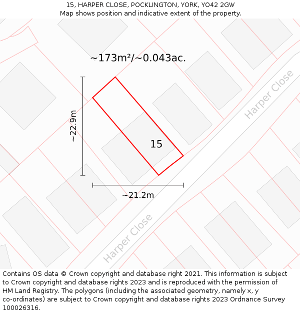 15, HARPER CLOSE, POCKLINGTON, YORK, YO42 2GW: Plot and title map