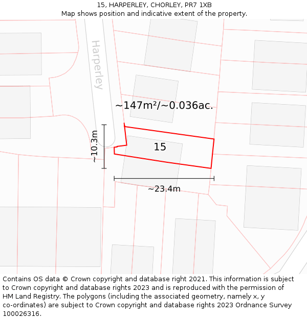 15, HARPERLEY, CHORLEY, PR7 1XB: Plot and title map