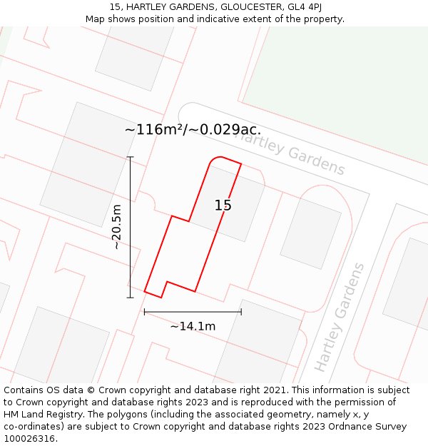 15, HARTLEY GARDENS, GLOUCESTER, GL4 4PJ: Plot and title map