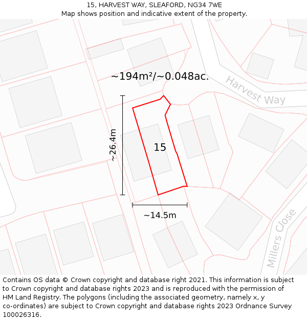 15, HARVEST WAY, SLEAFORD, NG34 7WE: Plot and title map