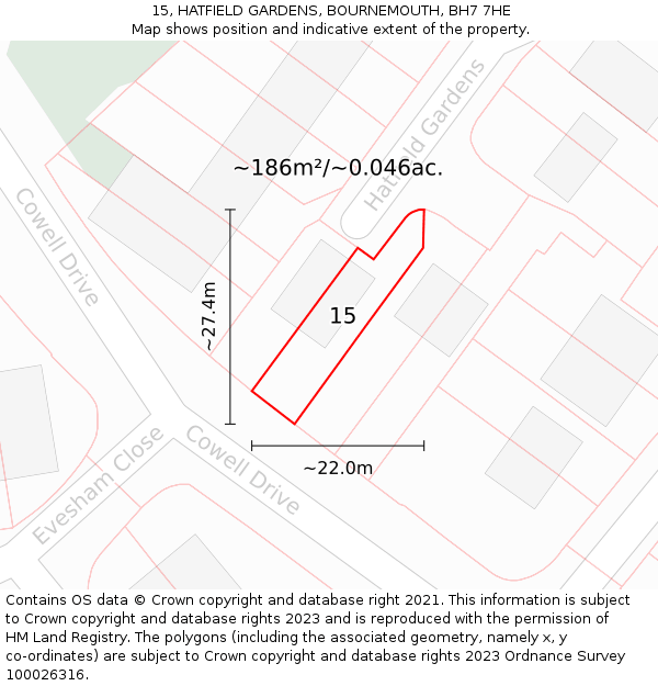 15, HATFIELD GARDENS, BOURNEMOUTH, BH7 7HE: Plot and title map