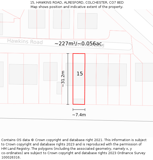 15, HAWKINS ROAD, ALRESFORD, COLCHESTER, CO7 8ED: Plot and title map