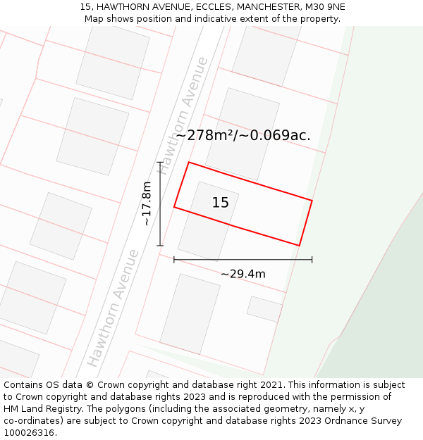 15, HAWTHORN AVENUE, ECCLES, MANCHESTER, M30 9NE: Plot and title map