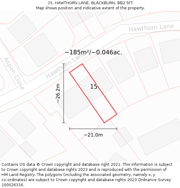 15, HAWTHORN LANE, BLACKBURN, BB2 5FT: Plot and title map